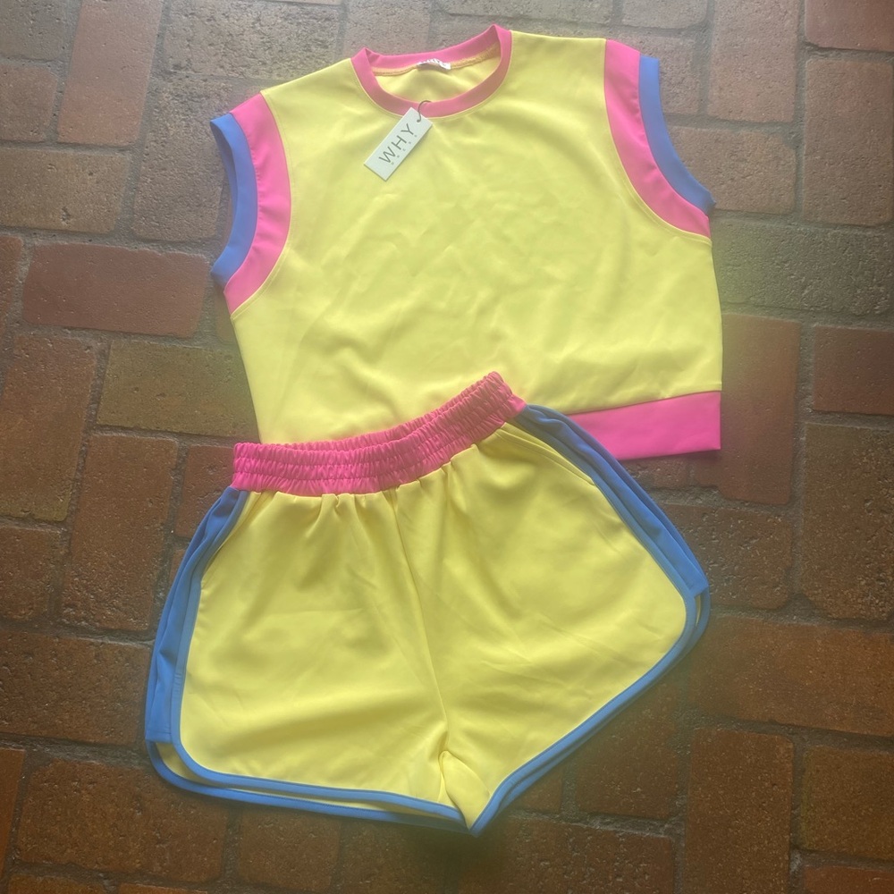 Vibrant Yellow Sleeveless Set with Pink and Blue Accents